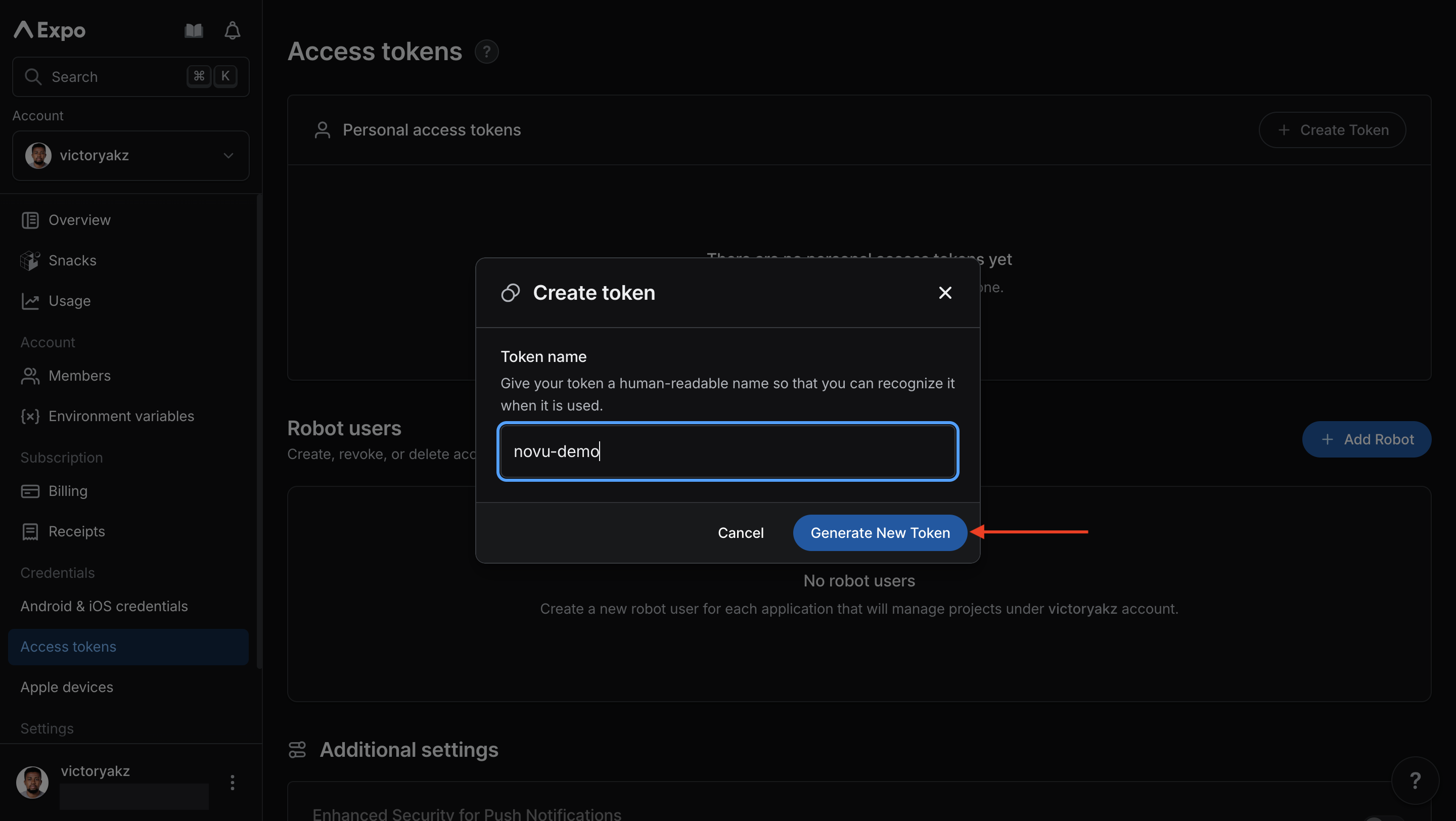 Generate Expo token